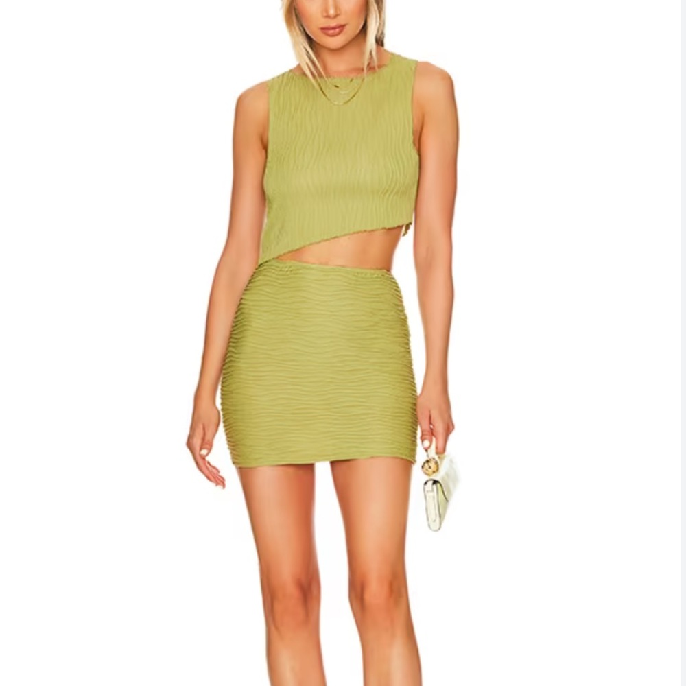 NEW Superdown Eleanor Mini Skirt Set Olive Organ Pleats Asymmetric Crop